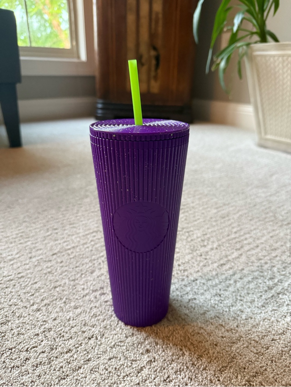 Starbucks Purple Ribbed Tumbler with Neon Green Straw